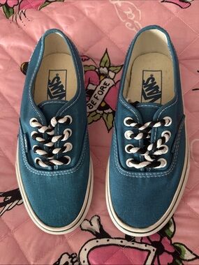 Vans Teal Canvas Low-Top Sneakers with Custom Laced Black & White Laces